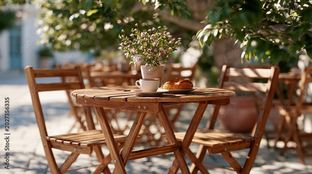 Obraz premium Cozy outdoor cafe terrace with wooden tables and chairs bathed in sunlight