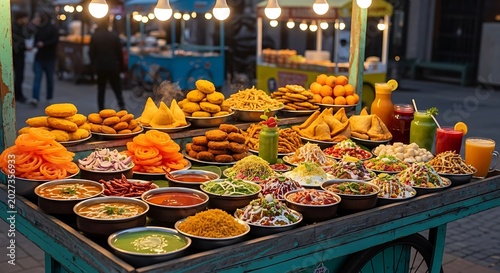 Street food stall selling traditional Indian snacks and drinks at dusk