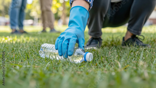 Volunteer cleaning up plastic bottle from green grass, preserving nature