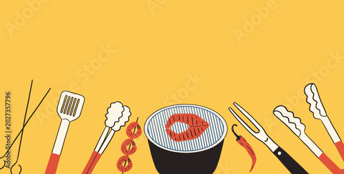 Yellow horisontal background with empty space and barbecue grill. Vector illustration
