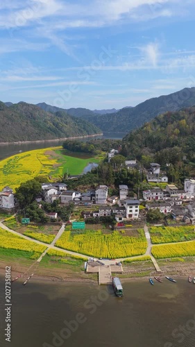 Aerial View of Shendu Town is located in Shexian County, Huangshan City, Anhui Province, China.