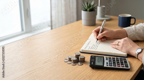 Close up of person managing home budget and personal accounting with calculator and coins on desk
