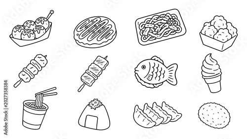 Foto Japanese street food vector set with cute hand drawn line art snacks, takoyaki, okonomiyaki, noodles, skewers, taiyaki, onigiri, gyoza, rice cracker and soft serve for coloring book designs, menu art