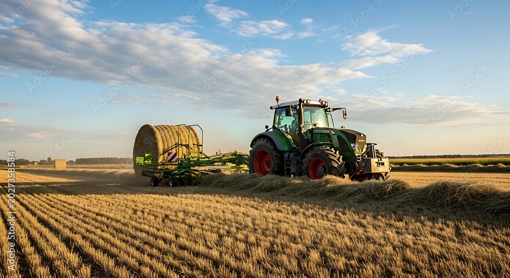 Fototapeta premium Green Tractor Baling Hay in Golden Harvest Field at Sunset