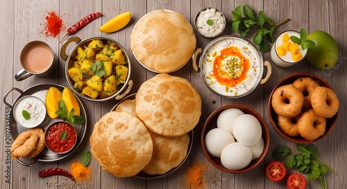 Top view of assorted Indian breakfast dishes on a rustic wooden table