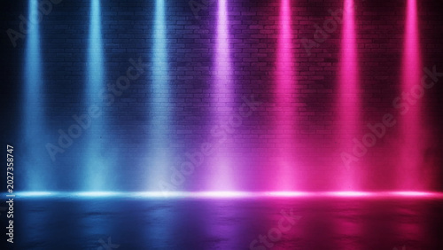 Tableau sur toile Vertical beams of blue and pink neon light shining down against a dark textured