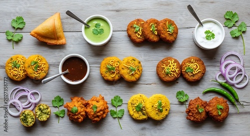 Top view of assorted Indian street food snacks with dips on wooden table