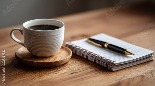 A steaming cup of coffee sits beside a spiral notebook and pen