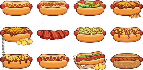 Fotografia Hot Dog Vector Set Featuring Various Hot Dogs with Different Toppings Including