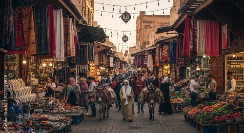 Traditional bazaar street scene with donkeys and shoppers in Middle East