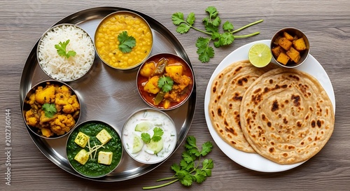 Traditional Indian Thali platter with rice dal vegetables and flatbread