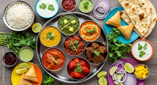 Traditional Indian Thali platter with variety of curries and samosas on table