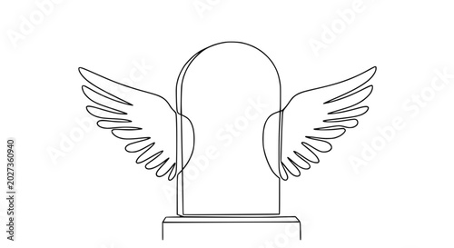 Canvastavla Minimalist line art of an angel wing tombstone, symbol of remembrance and peace