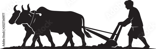 Quadro su tela Farmer Ploughing Field with Oxen Silhouette Illustration