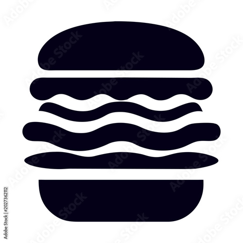 Minimalist burger icon vector, black silhouette hamburger symbol, fast food restaurant logo sign on white background