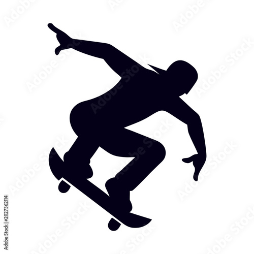 Skateboarder silhouette performing jump trick, extreme sports athlete vector icon, black skater figure on white background