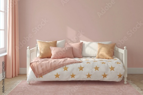 Pink and gold themed kids' room, blush pink walls, white bed with gold stars, soft pink rug, clean minimalist, soft diffused light