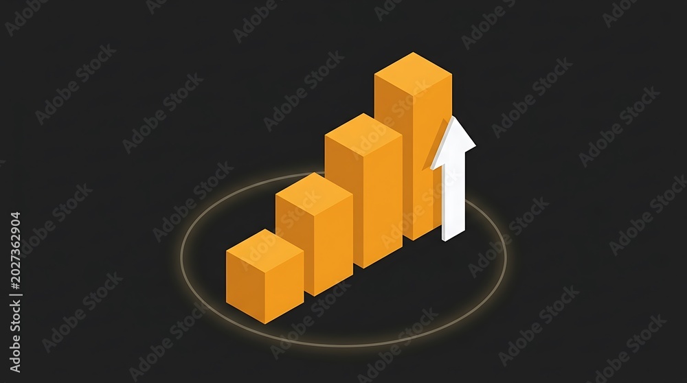 Fototapeta premium Isometric business growth bar chart with rising arrow, 3D orange financial data columns, professional success and profit increase concept