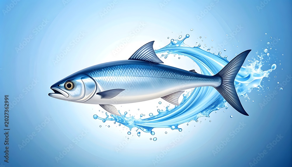 Obraz premium Single healthy fish with blue scales jumping through a clear water splash with droplets against a light blue gradient background, aquatic life illustration