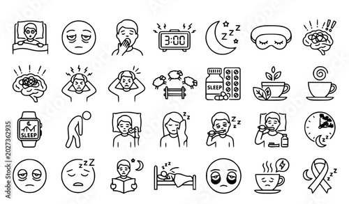 Foto Insomnia and Sleep Disorder Line Icon Set Featuring Drowsiness Sleeplessness Fat