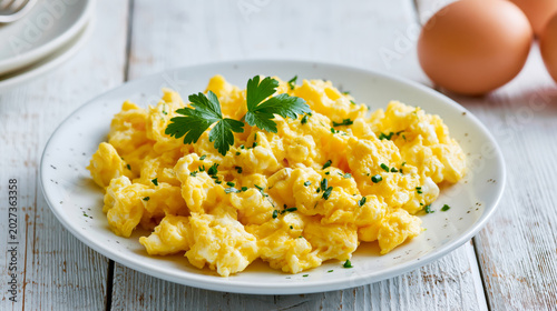 Scrambled eggs in plate on white wooden background