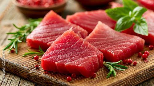 Sliced tuna fish fillet on a wooden board 