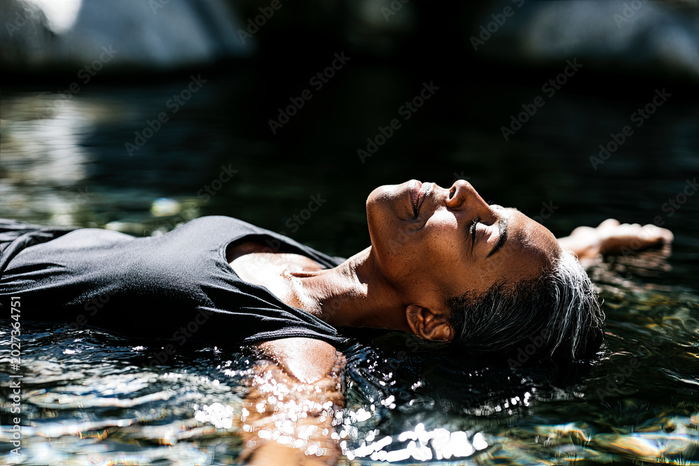 Fototapeta premium Woman floats peacefully in a serene water setting, embracing calmness and tranquility during a sunny afternoon