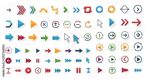 Colorful Arrow and Media Navigation Icons Arranged on White Background