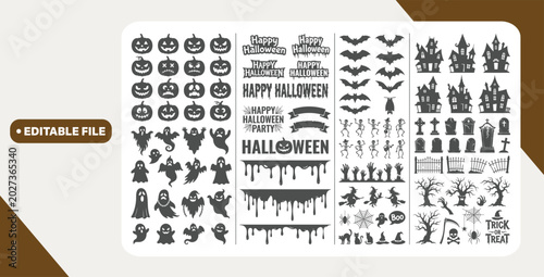Fotografie Big set of halloween silhouettes black icon and character