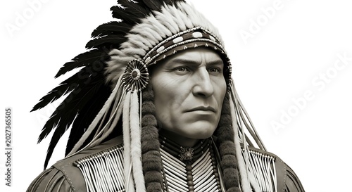 Serious Indigenous Man Wearing Feather Headdress in Studio Portrait