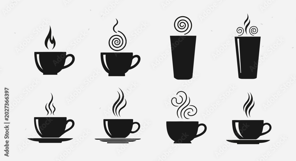 Obraz premium Coffee and tea cup silhouettes with steam smoke icons featuring various mug shapes and saucer designs for cafe signage hot beverage branding and menu icons