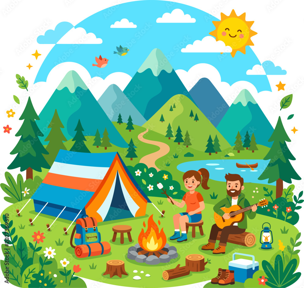 Naklejka premium Camping scene with a tent campfire and guitar