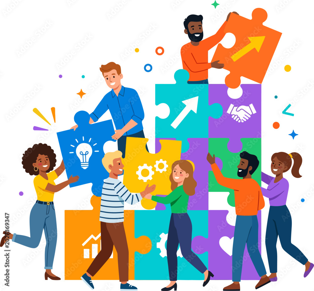 Fototapeta premium Diverse group of people building a puzzle together