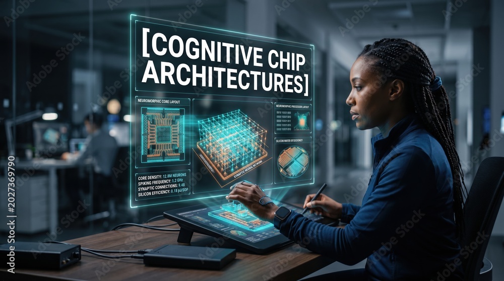 Fototapeta premium Advanced Cognitive Chip Architectures Futuristic Digital Display Interface in a Modern Tech Office