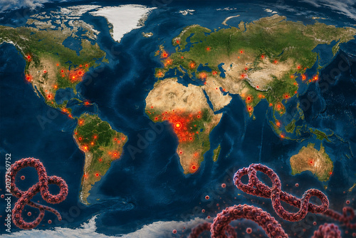 World map showing global Ebola virus outbreak hotspots with realistic virus particles. Epidemiology and pandemic illustrating infectious disease transmission worldwide