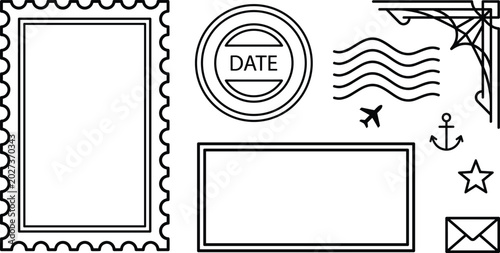 Foto Vintage postage stamp line art elements set with postmark waves date frame and e