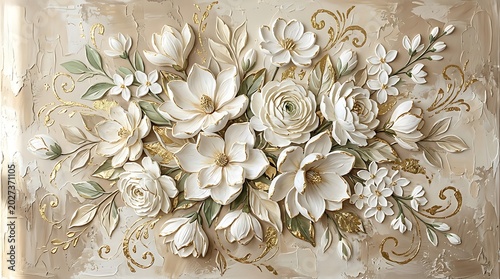 Elegant 3D White Floral Impasto Painting with Gold Accents