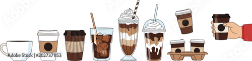Fotografie Coffee and Iced Beverage Collection Vector Illustration with Takeaway Cups, Frap