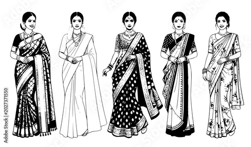 Tableau sur toile Illustrations of women wearing sarees in various styles vector
