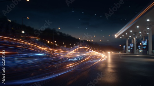 Speed and Light Trails at Gas Station: Streaking light trails of orange and blue illuminate the night, creating a dynamic, futuristic impression at a modern gas station. This abstract.