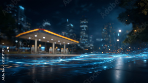Futuristic Gas Station at Night: A futuristic gas station glows with neon lights in a sprawling city at night, with ethereal blue light trails suggesting fast motion and advanced technology.