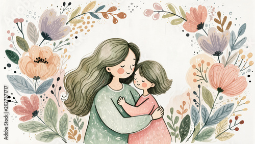 Foto Mother and daughter embracing tenderly amidst a floral wreath, isolated on trans