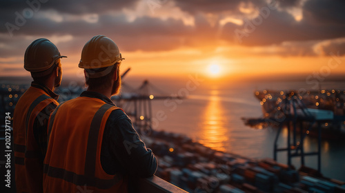 Industry Dawn: Two construction workers in hard hats and safety vests gaze at a vibrant sunrise over a busy shipping port, symbolizing the dawn of a new era in global trade and logistics.