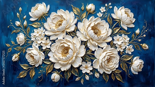 Luxurious White and Gold Peonies Oil Painting on Navy Blue