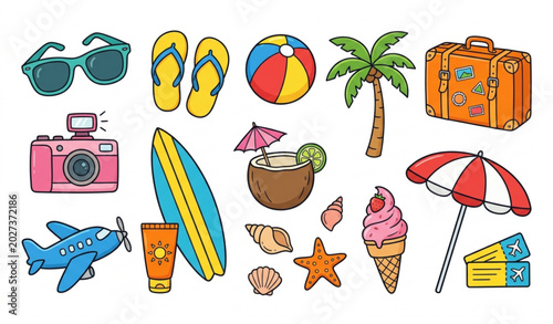 Summer vacation doodle elements vector set with travel and beach icons isolated on white background
Keywords