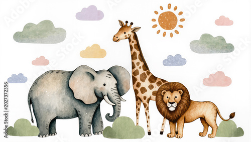 Photography Watercolor safari animals elephant giraffe and lion with clouds and sun, isolate