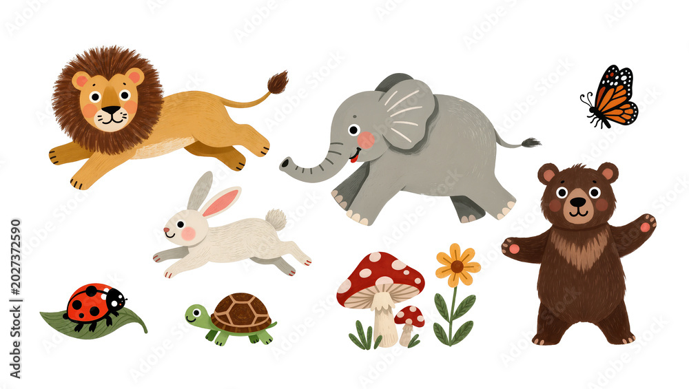 Fototapeta premium Cute cartoon animals like lion elephant bear rabbit turtle ladybug butterfly and mushrooms, isolated on transparent background
