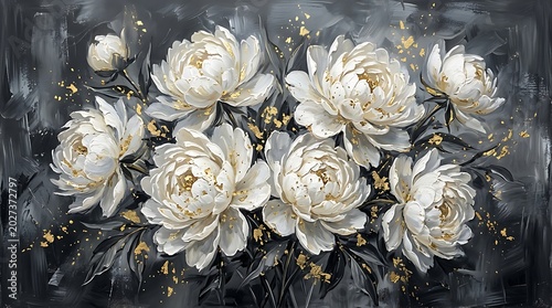 White Peonies Oil Painting with Gold Accents on Dark Background