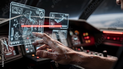 Futuristic Pilot Interacting with Advanced Digital Cockpit Interface