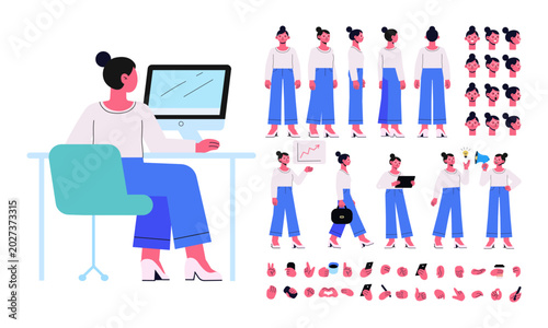 Business Woman Working at Computer Character Constructor Kit. Modern vector character constructor kit featuring animation ready business woman working at computer with multiple editable poses, emotion